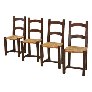 Vintage Elm and Straw Chairs by Aranjou, 1950s, Set of 4 For Sale
