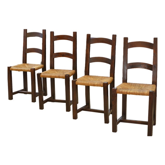 Vintage Elm and Straw Chairs by Aranjou, 1950s, Set of 4 For Sale