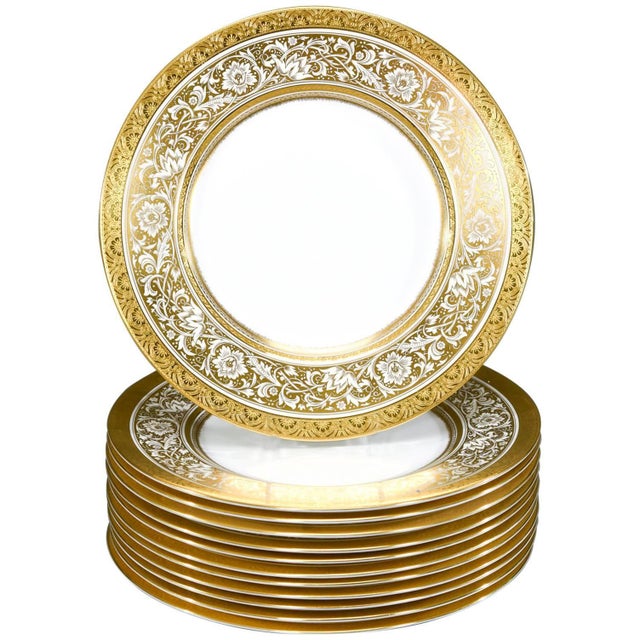 Set of 12 Minton Gold Rimmed Porcelain Ball Dinner Plates Chairish
