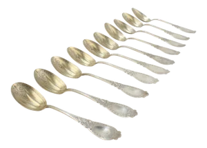 W Faber & Sons Brite Cut Gilt American Coin Silver Ice Cream Spoons - Set of 10