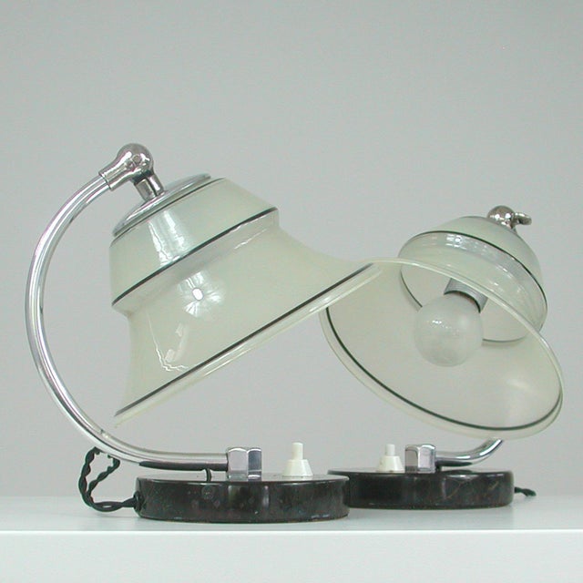 German Art Deco Enameled Satin Glass, Marble and Aluminum Table Lamps, 1930s, Set of 2 For Sale - Image 17 of 18