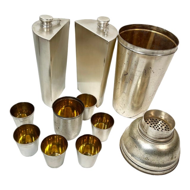 Antique Art Deco Silver Plated German Traveling Cocktail Set- 9 Pieces For Sale