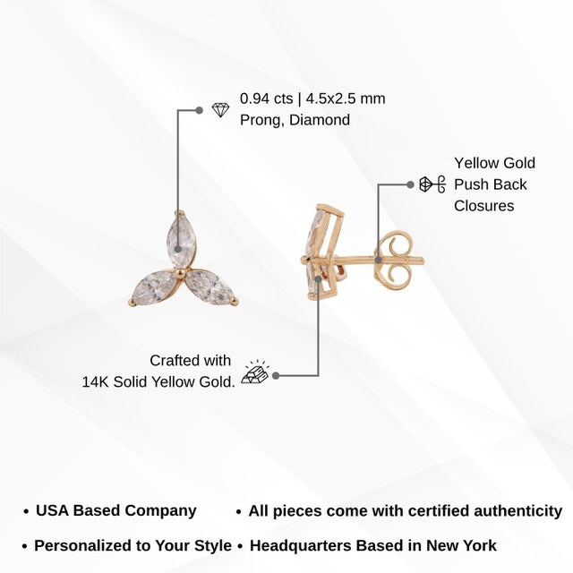 14k Yellow Gold 1ct Marquise Diamond Trio Flower Modern Stud Earrings- A Pair For Sale - Image 11 of 15