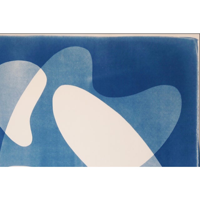 2028, Mid- Century Modern Abstract Shapes, Blue and White Floating Forms, the Splash, Handmade Monotype Cyanotype For Sale - Image 4 of 8