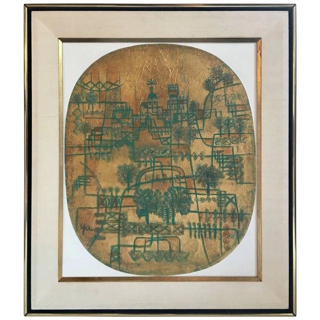 Wood Abstract Cityscape Chinese Modernist Painting by Heshi Yu, Signed For Sale - Image 7 of 7
