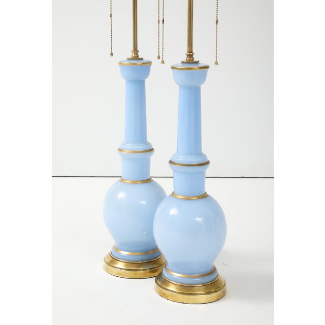 Warren Kessler Blue Glass And Brass 1950's Table Lamps - A Pair For Sale - Image 12 of 12