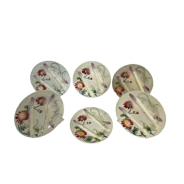 Ceramic Art Nouveau Barbotine Plates with Asparagus Dish from Saint Clément, Set of 7 For Sale - Image 7 of 17