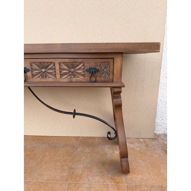 Spanish Rustic Carved Wood Console Table , Mid-20th Century For Sale - Image 11 of 14