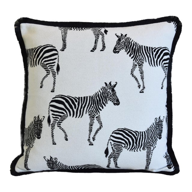 Velvety Chenille Zebra Feather/Down Pillow W/ Fancy Brush Fringe Trim 19” Square For Sale