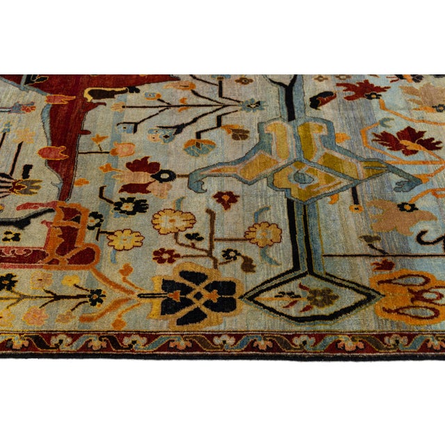 Saffron 9x12 Modern Persian Bidjar Style Hand-Knotted Wool Rug Mirrored Arboreal Motif For Sale - Image 8 of 11