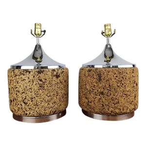 Mid 20th Century Cork and Chrome Table Lamps - a Pair