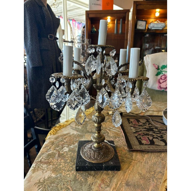 1940s Victorian Brass, Marble and Crystal 5-Arm Table Lamp For Sale In Saint Louis - Image 6 of 11