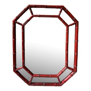 Vintage Tony Duquette Style Customized Newly Painted Red Octagonal Faux Bamboo Wall Mirror For Sale