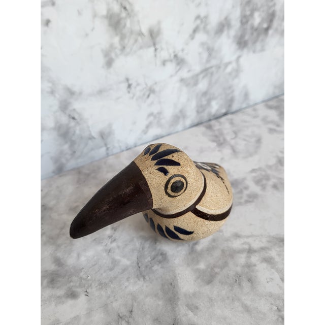 Ceramic 1990s Handcrafted Stoneware Bird Figurine With Brown Beak and Floral Details 4" Long Tonala Mexico For Sale - Image 7 of 12
