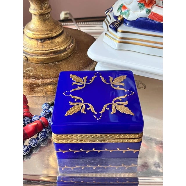 Blue 1960s Cobalt / Lapiz Italian Opaline Glass Casket With Gold Mounts and Beautiful Enamel Detail For Sale - Image 8 of 12