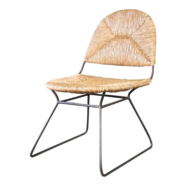 Vintage Paper Cord Iron Sled Base Side Chair Desk Retro Mid Century Boho Chic Bohemian Woven For Sale