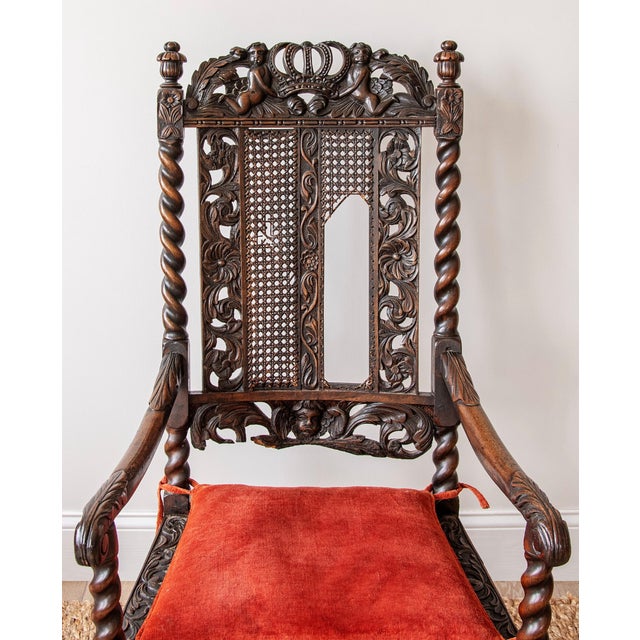 Pair of Monumental Carved Oak Ceremonial Throne Chairs in the Charles II Restoration Style | Ca. 1880 For Sale - Image 4 of 8