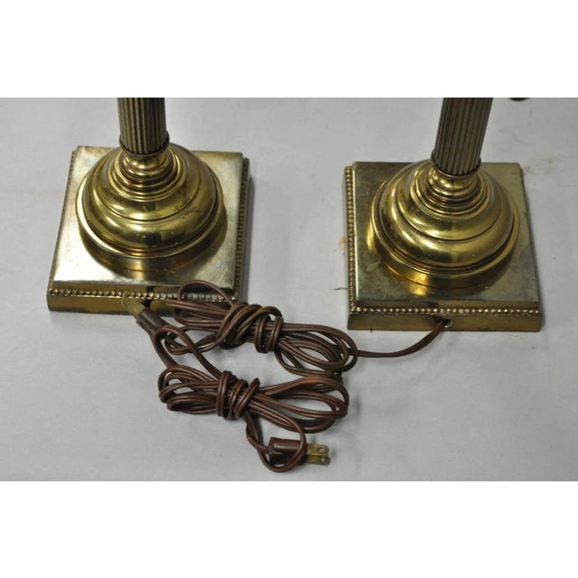 Vintage French Country Tole Metal Shade Brass Column Candelabra Table Lamps Pair For Sale - Image 11 of 16