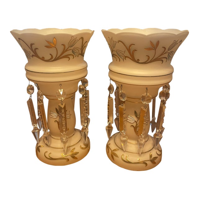 Pair of White Mantel Lustres With Crystal Prisms and Gold Floral Decoration For Sale