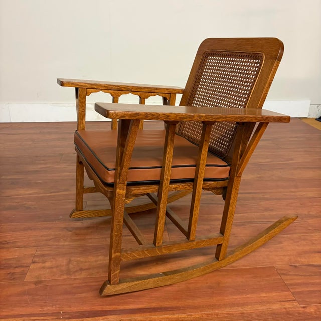 Mission Vintage Oak & Cane Mission Style Rocking Chair With New Leather Cushions For Sale - Image 3 of 18