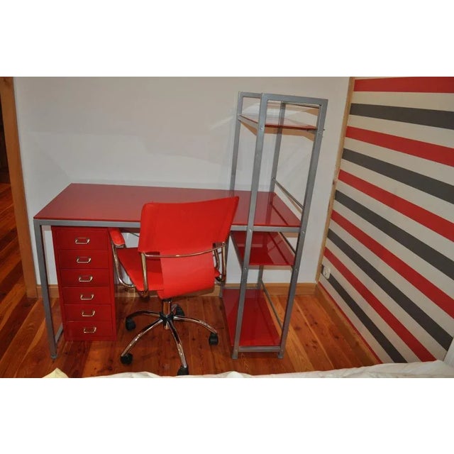 Mid-Century Modern Bauhaus Red Desk, Chair & Metal Cabinet, Set of 3 For Sale - Image 3 of 18