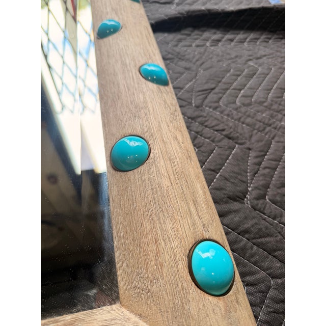 Jonathan Charles Jonathan Charles Grey Oak Mirror With Aqua Polka Dots For Sale - Image 4 of 6