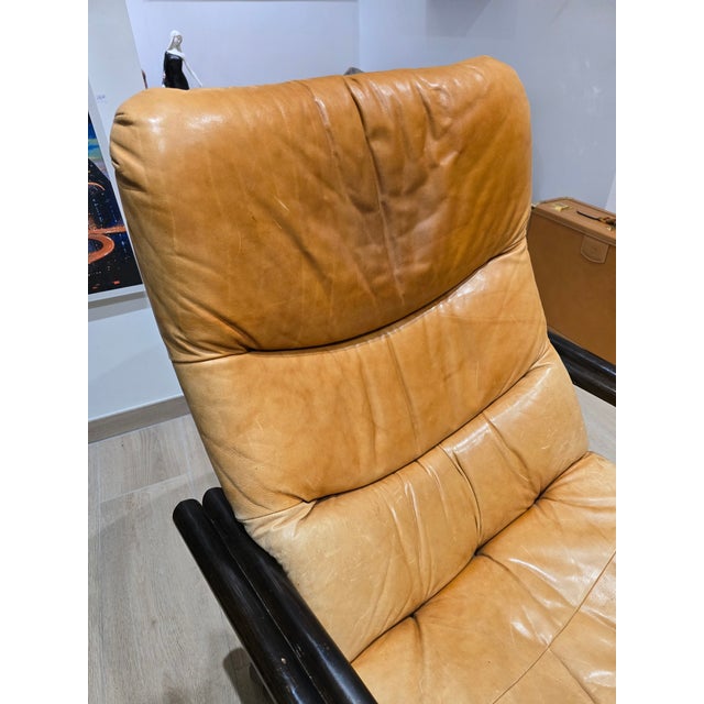 Set of Vintage Camel Leather Lounge Chair and Ottoman with Wooden Frames, 1970s For Sale - Image 10 of 12