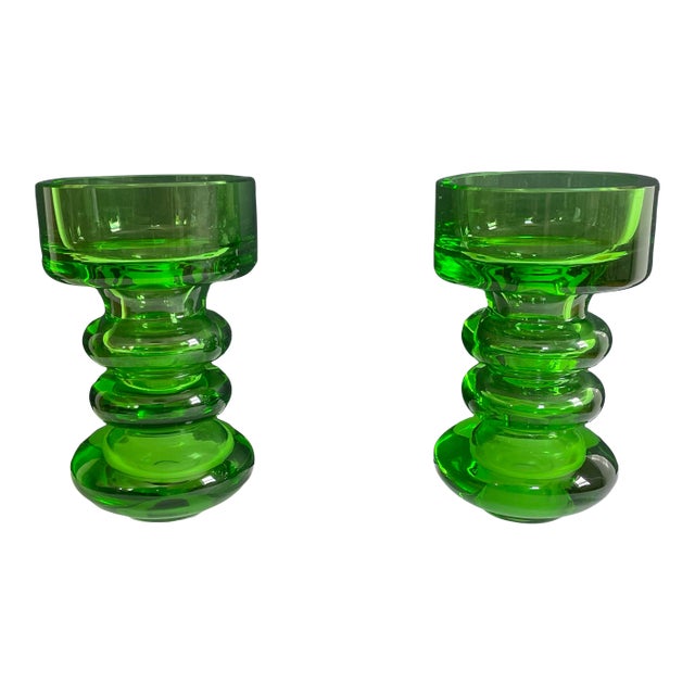 A Pair of Large Vintage 60’s Danish Glass Candle Sticks Mid Century Modern For Sale