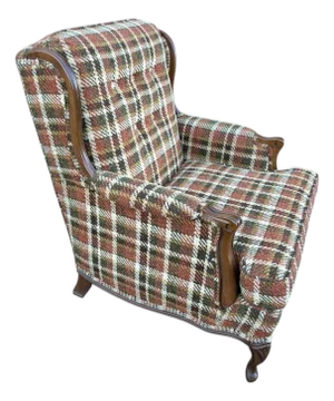 Mid Century Green and Brown Plaid Upholstered Lounge Chair