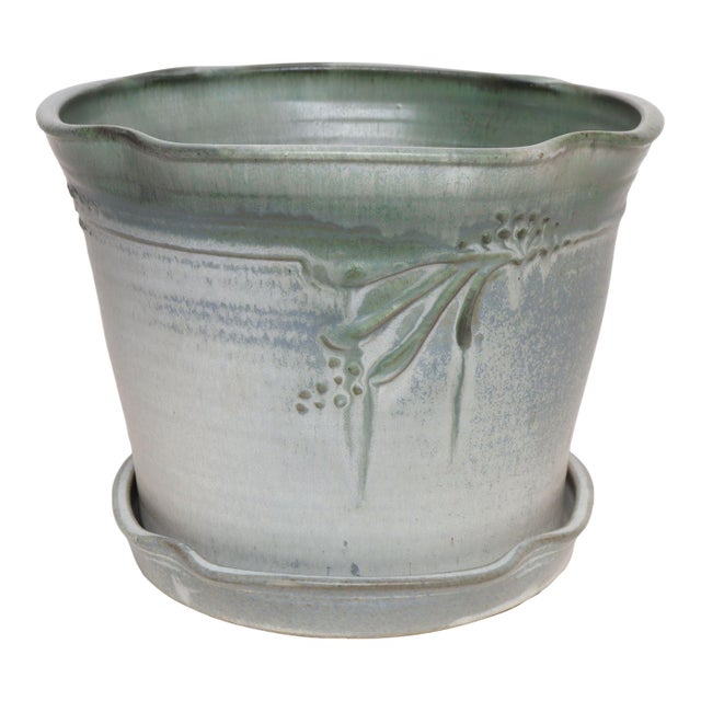 Vintage Green Matte Glaze Botanical Ceramic Planter With Plate by Deanna Nichols For Sale
