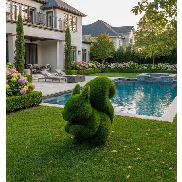 Whimsical Oversized Faux-Boxwood Squirrel Garden Sculpture For Sale - Image 11 of 11