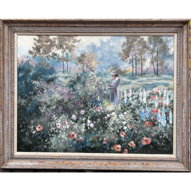 Impressionist Vintage Impressionist Garden Landscape With Woman by Elizabeth Horning for Ethan Allen For Sale - Image 3 of 11