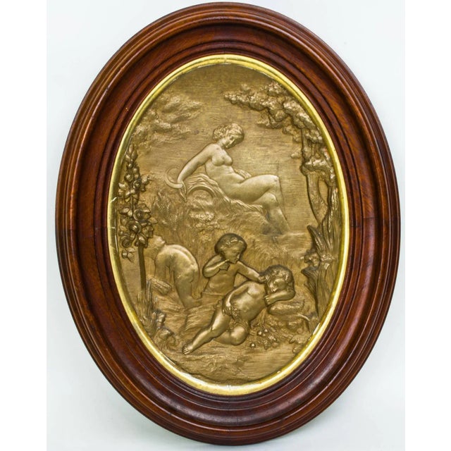 Mid-Century Modern Oval Patinated Metal Wall Plaques with Cherub Decorations - A Pair For Sale - Image 3 of 4