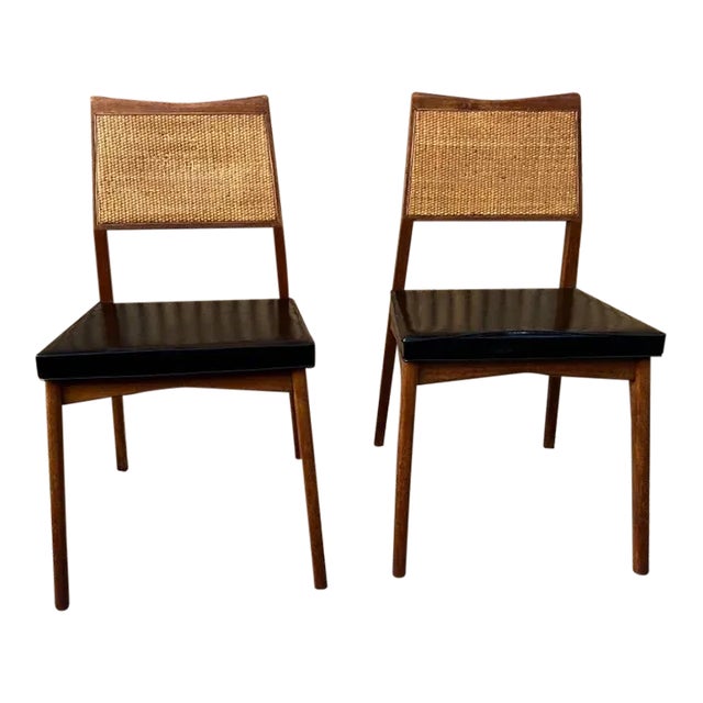 Mid 20th Century Pair of Mid Century Walnut Cane Back Vinyl Seat Dining Chairs. For Sale