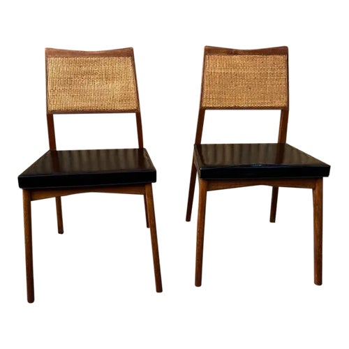 Mid 20th Century Pair of Mid Century Walnut Cane Back Vinyl Seat