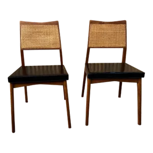 Mid 20th Century Pair of Mid Century Walnut Cane Back Vinyl Seat Dining Chairs.