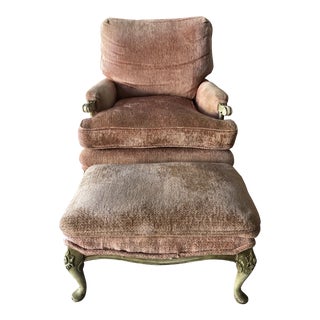 French Provence Style Chair & Ottoman Pinkish Peach Velvet For Sale