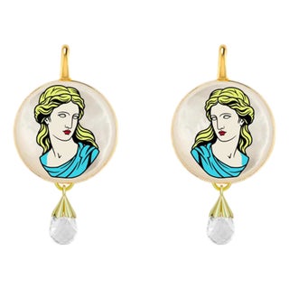 Greek Goddess Mother of Pearl Earrings With Quartz Briolettes, A Pair For Sale
