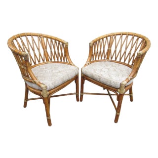 Pair of Vintage McGuire Rattan Barrel-Back Armchairs For Sale