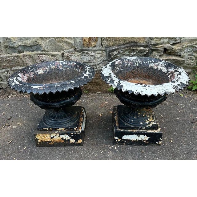 Late 19th Century Victorian Cast Iron Garden Urns - A Pair For Sale - Image 4 of 15