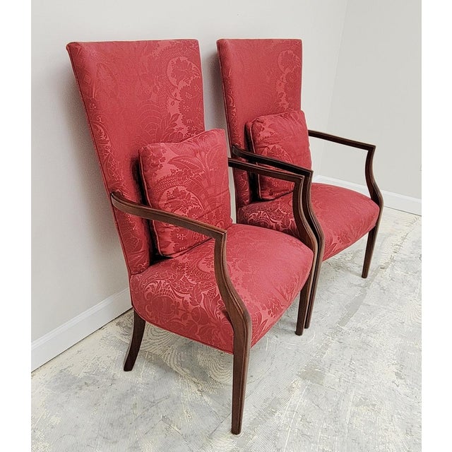 Wood Hickory Chair James River Fisk Federal Style Mahogany Lolling Armchairs in Raspberry Rose Silk Damask - Pair For Sale - Image 7 of 8