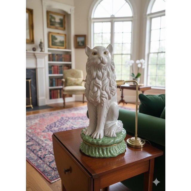 Ceramic Vintage Italian Glazed Faience Seated Lion Dog Figure on Green Base For Sale - Image 7 of 7