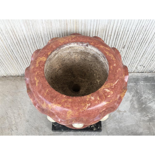 Set of Four Aged Pink Marble Hand Carved Planters With Serpentine White Inlays For Sale - Image 11 of 13