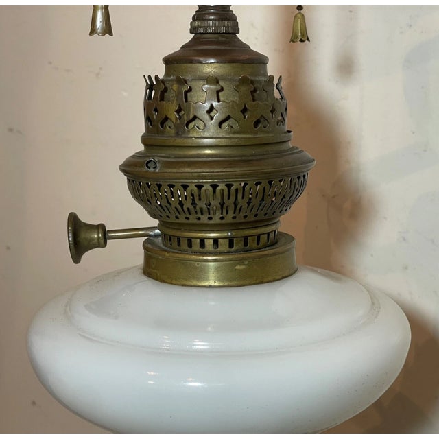 Antique 1800's Ornate Victorian Apollon Brass Milk Glass Electrified Oil Lamp For Sale - Image 10 of 13