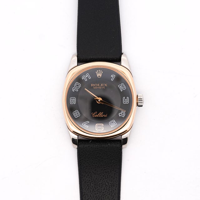 Metal Vintage Rolex Cellini Danaos 18k Rose Gold Black Dial Ladies Quartz Watch For Sale - Image 7 of 8