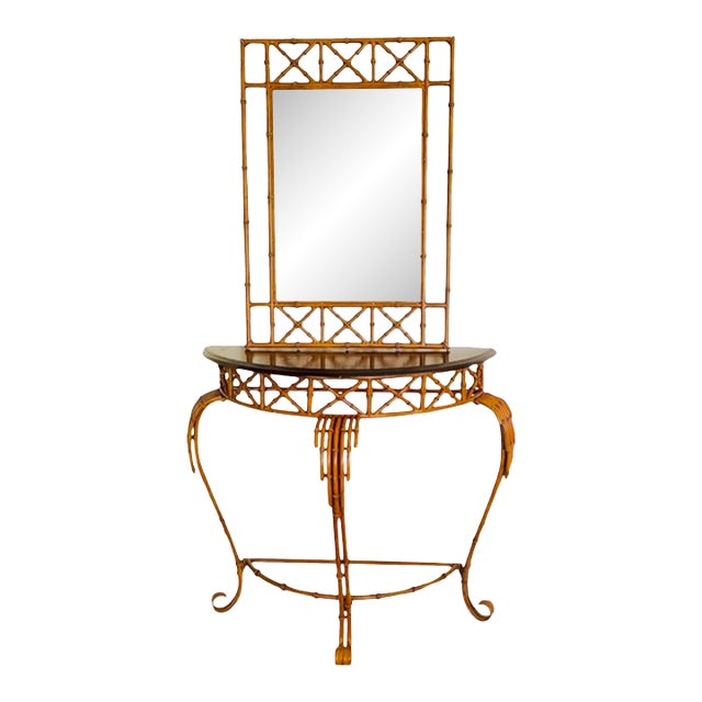 Vintage Burnt Faux Tortoise Bamboo Console Table With Wall Mirror – Palm Beach Chinoiserie Style, Set of 2 Pieces For Sale