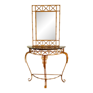 Vintage Burnt Faux Tortoise Bamboo Console Table With Wall Mirror – Palm Beach Chinoiserie Style, Set of 2 Pieces