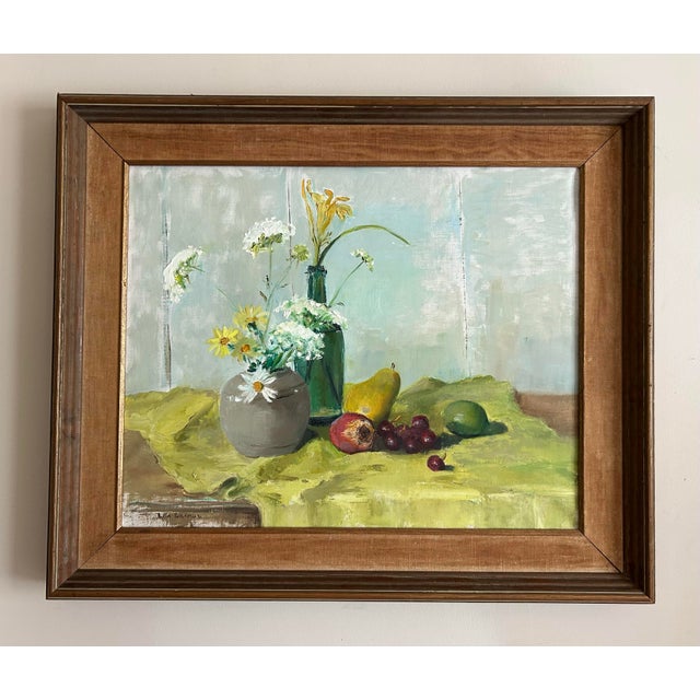 Beautiful vintage still life, oil, painting on canvas featuring a vase with flowers and fruit on a table, nice neutral...