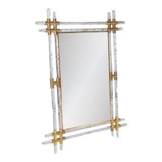 1970s French Lucite and Brass Faux Bamboo Wall Mirror For Sale