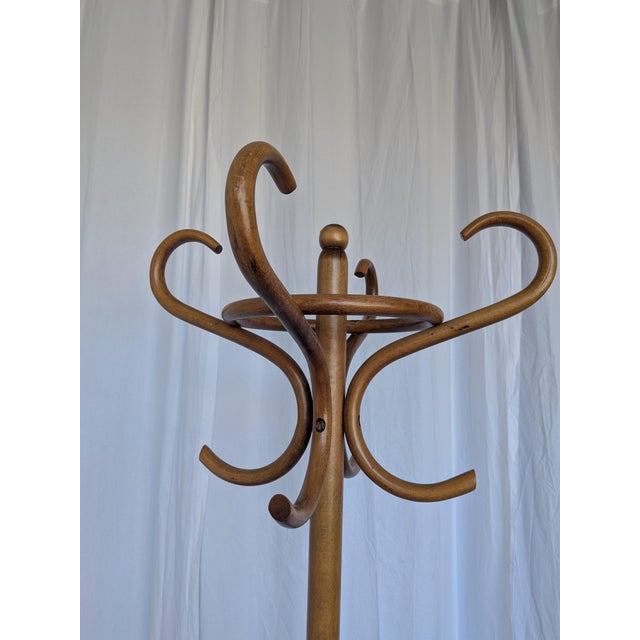 Vintage bentwood coat stand featuring elegantly curved hooks and a sculptural bentwood base with circular support. A...